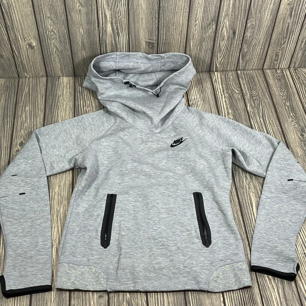 Nike Tech Fleece Funnel Neck Hoodie Women Small Gray 642663-063 Sportswear Fleck